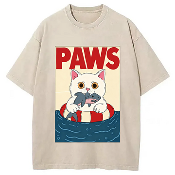 Personality fashion Cat Eats Shark Washed T-Shirt