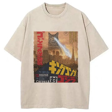 Personality fashion Catzilla Movie Poster Washed T-Shirt