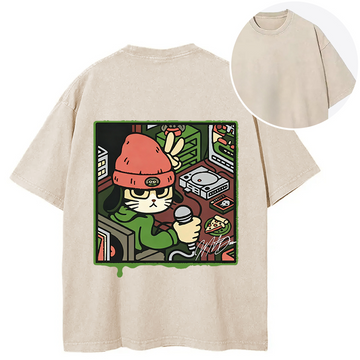 Personality fashion Rapper Cat Back Washed T-Shirt