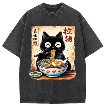 Personality fashion Cute Cat Slurping Ramen Washed T-Shirt