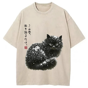 Personality fashion Black Cat Adorned By Snow Washed T-Shirt