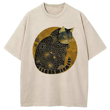 Personality fashion Japanese Retro Cat Washed T-Shirt