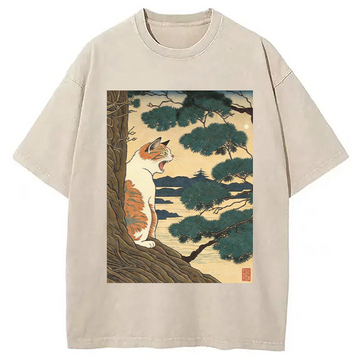Personality fashion Cat Standing on a Tree Washed T-Shirt