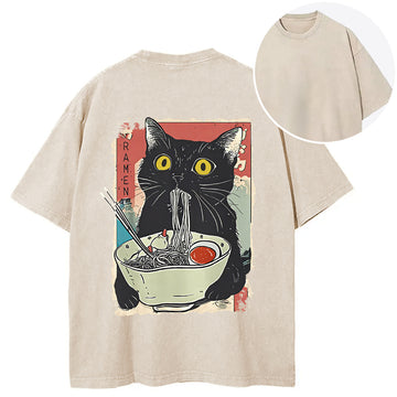 Personality fashion Cute Cat Eating Ramen Back Washed T-Shirt