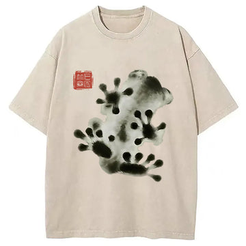 Personality fashion Ink Painting Frog Washed T-Shirt