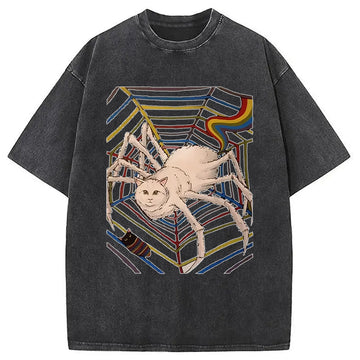 Personality fashion Funny Spider Cat Washed T-Shirt