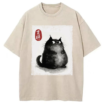 Personality fashion Auspicious Fluffy Black Cat Washed T-Shirt