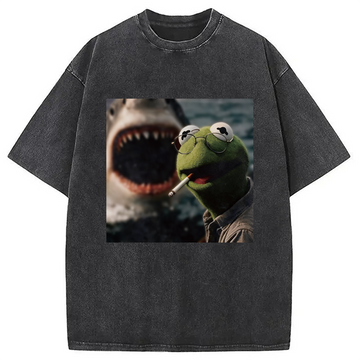 Personality fashion Smoking Frog Meme Washed T-Shirt