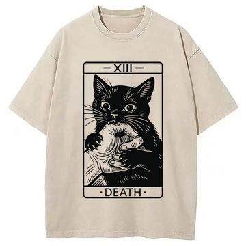 Personality fashion Black Cat Tarot Card Washed T-Shirt