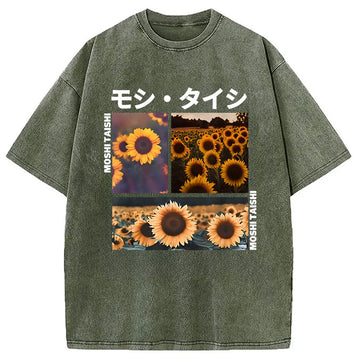 Personality fashion Sunflower Japanese Tokyo Washed T-Shirt