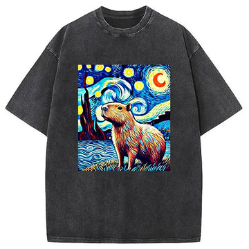 Personality fashion Capybara Starry Night Light Washed T-Shirt
