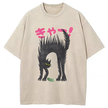 Personality fashion Shock Cat Washed T-Shirt