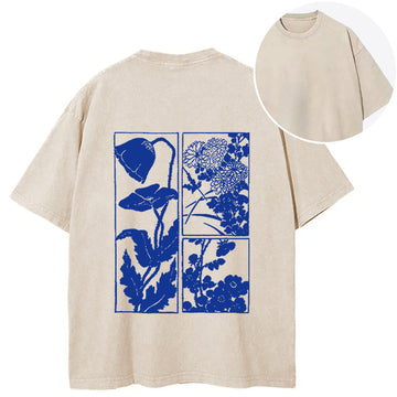 Personality fashion Woodcut Flowers Back Washed T-Shirt