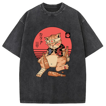 Personality fashion Drunken Catana Washed T-Shirt