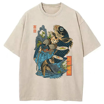 Personality fashion Neko Sushi Washed T-Shirt