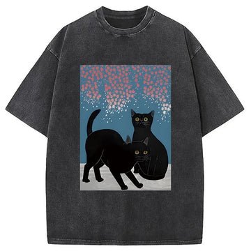 Personality fashion Black Cat Under The Sakura Washed T-Shirt