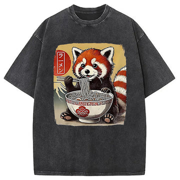 Personality fashion Cute Raccoon Eating Ramen Washed T-Shirt