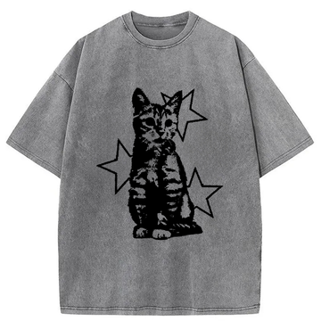 Personality fashion Star Cat Washed T-Shirt