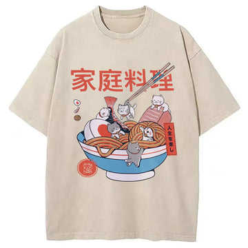 Personality fashion Ramen and Mini Cats Washed T-Shirt