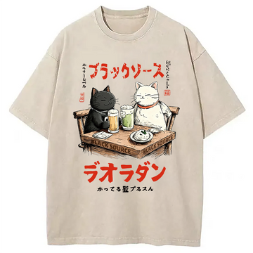 Personality fashion Funny Drinking Cat Washed T-Shirt