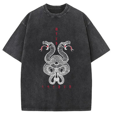 Personality fashion Double Snakes Encircling Washed T-Shirt