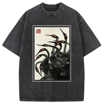 Personality fashion Retro Red Crowned Crane Washed T-Shirt