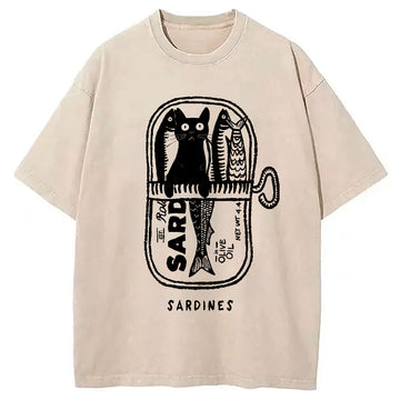 Personality fashion Cat Hiding In A Sardine Can Washed T-Shirt