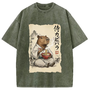 Personality fashion Funny Capybara Ramen Washed T-Shirt