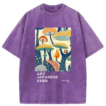 Personality fashion Dancing Mushroom Japanese Art Washed T-Shirt