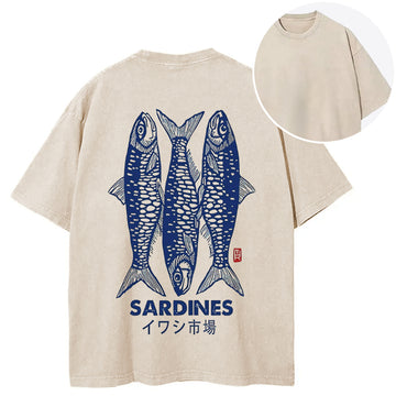 Personality fashion Sardines Market Back Washed T-Shirt