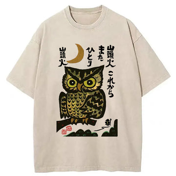 Personality fashion Woodcut Owl Washed T-Shirt
