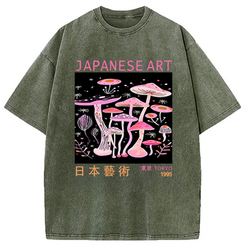 Personality fashion Japanese Art Pink Hallucinogenic Mushrooms Washed T-Shirt