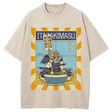 Personality fashion Ramen Temple Washed T-Shirt
