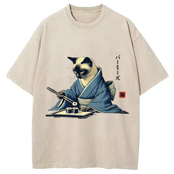 Personality fashion Cat In Kimono Eating Sushi Washed T-Shirt