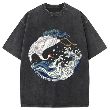 Personality fashion Crane Bird Wave Washed T-Shirt
