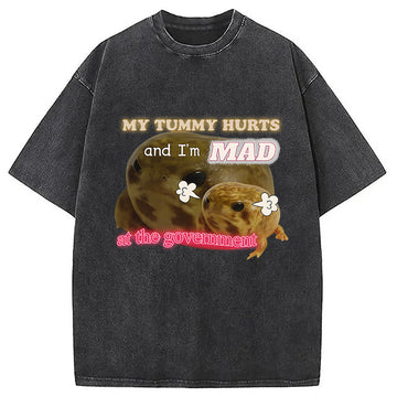 Personality fashion My Tummy Hurts Funny Frog Meme Washed T-Shirt