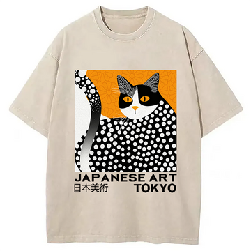 Personality fashion Black and White Dot Cat Washed T-Shirt