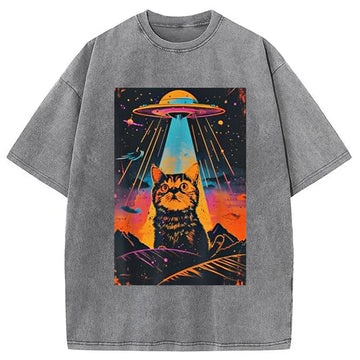 Personality fashion Catzilla Vintage Funny Cute Cat Washed T-Shirt