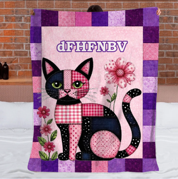 Custom Patchwork Cat Floral Blanket - Personalized Name Cute Quilted Cat Design - Gift for Cat Lovers, Daughter, Granddaughter, Friends