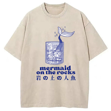 Personality fashion Mermaid On The Rocks Washed T-Shirt