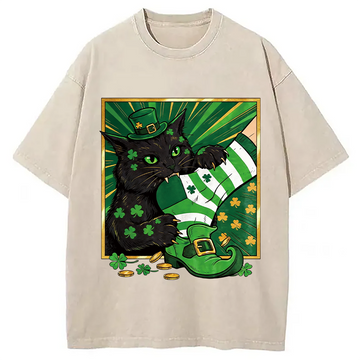 Personality fashion Naughty Cat Bites People Washed T-Shirt