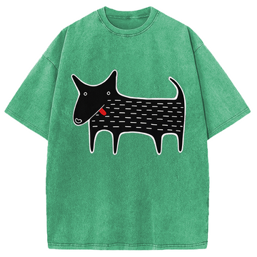 Personality fashion Black Dog Kawaii Folk Art Washed T-Shirt