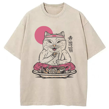 Personality fashion Cute Sushi Cat Eating Washed T-Shirt