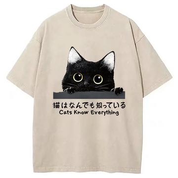 Personality fashion Cats Know Everything Washed T-Shirt