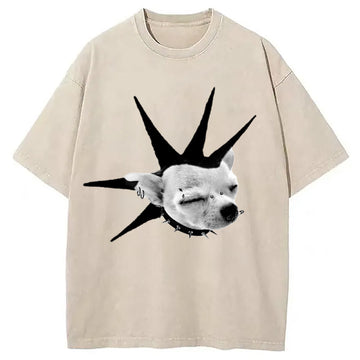 Personality fashion Funny Collar Dog Meme Washed T-Shirt