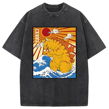 Personality fashion Great Wave of Kanagawa Japanese Cat Washed T-Shirt