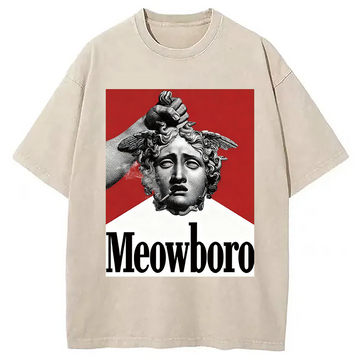 Personality fashion Funny Meowboro Cigarettes Meme Vintage Washed T-Shirt