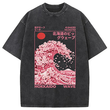 Personality fashion Hokkaido Wave Sakura Washed T-Shirt