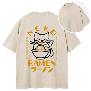 Personality fashion Cat Obsessed With Ramen Back Washed T-Shirt