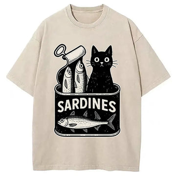 Personality fashion Cat And Canned Fish Washed T-Shirt